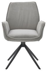 Grauer Armlehnstuhl mit geripptem Stoffbezug und schwarzem Metallgestell, Frontalansicht