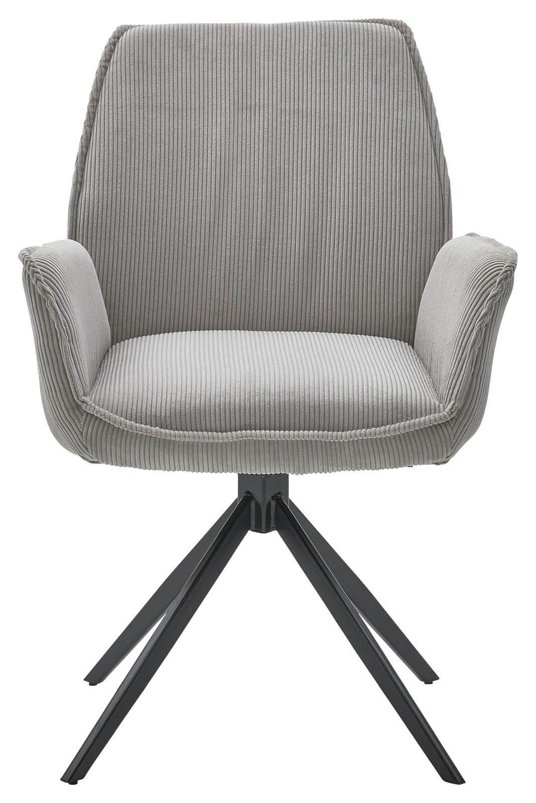 Grauer Armlehnstuhl mit geripptem Stoffbezug und schwarzem Metallgestell, Frontalansicht