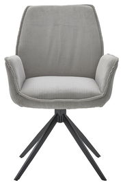 Grauer Armlehnstuhl mit geripptem Stoffbezug und schwarzem Metallgestell, Frontalansicht