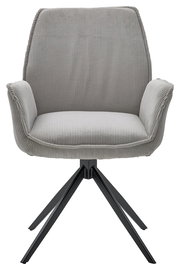 Grauer Armlehnstuhl mit geripptem Stoffbezug und schwarzem Metallgestell, Frontalansicht