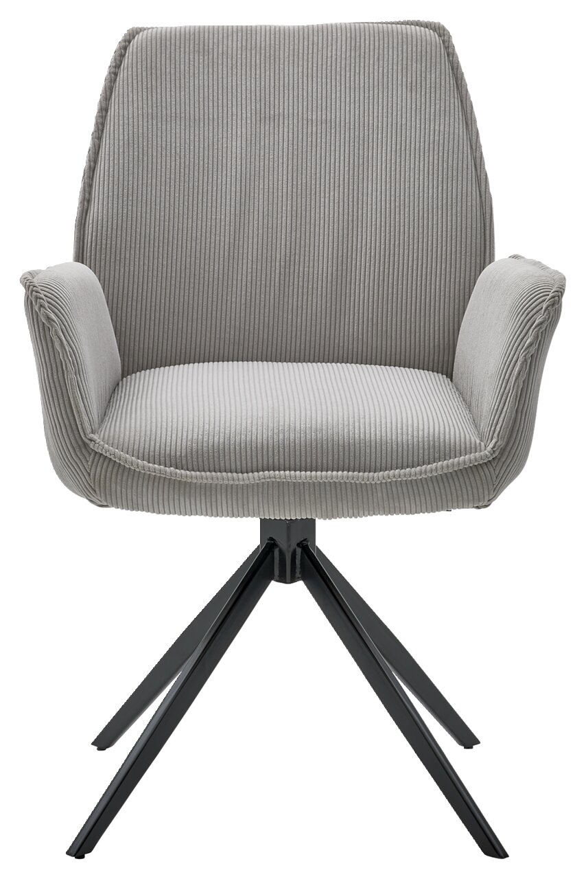 Grauer Armlehnstuhl mit geripptem Stoffbezug und schwarzem Metallgestell, Frontalansicht