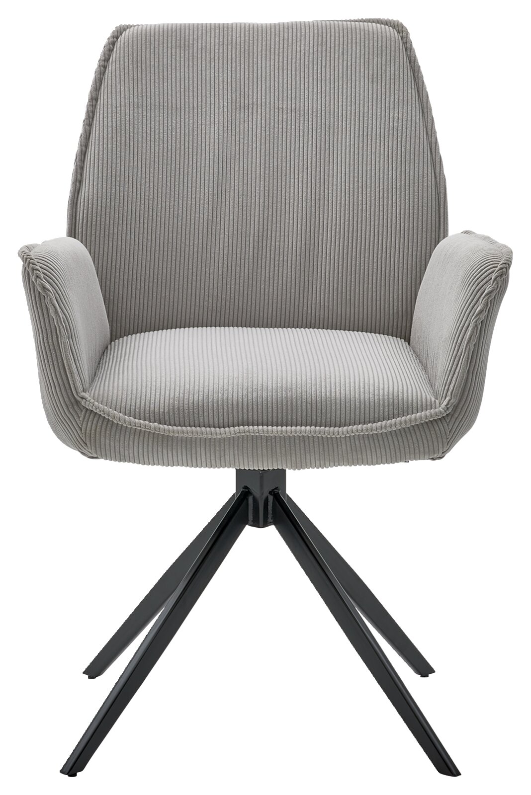 Grijze fauteuil met geribbelde stoffen bekleding en een zwart metalen frame, vooraanzicht