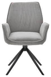 Grijze fauteuil met geribbelde stoffen bekleding en een zwart metalen frame, vooraanzicht