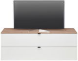 TV-Lowboard mit Holzoberfläche und zwei weißen Schubladen, frontal betrachtet