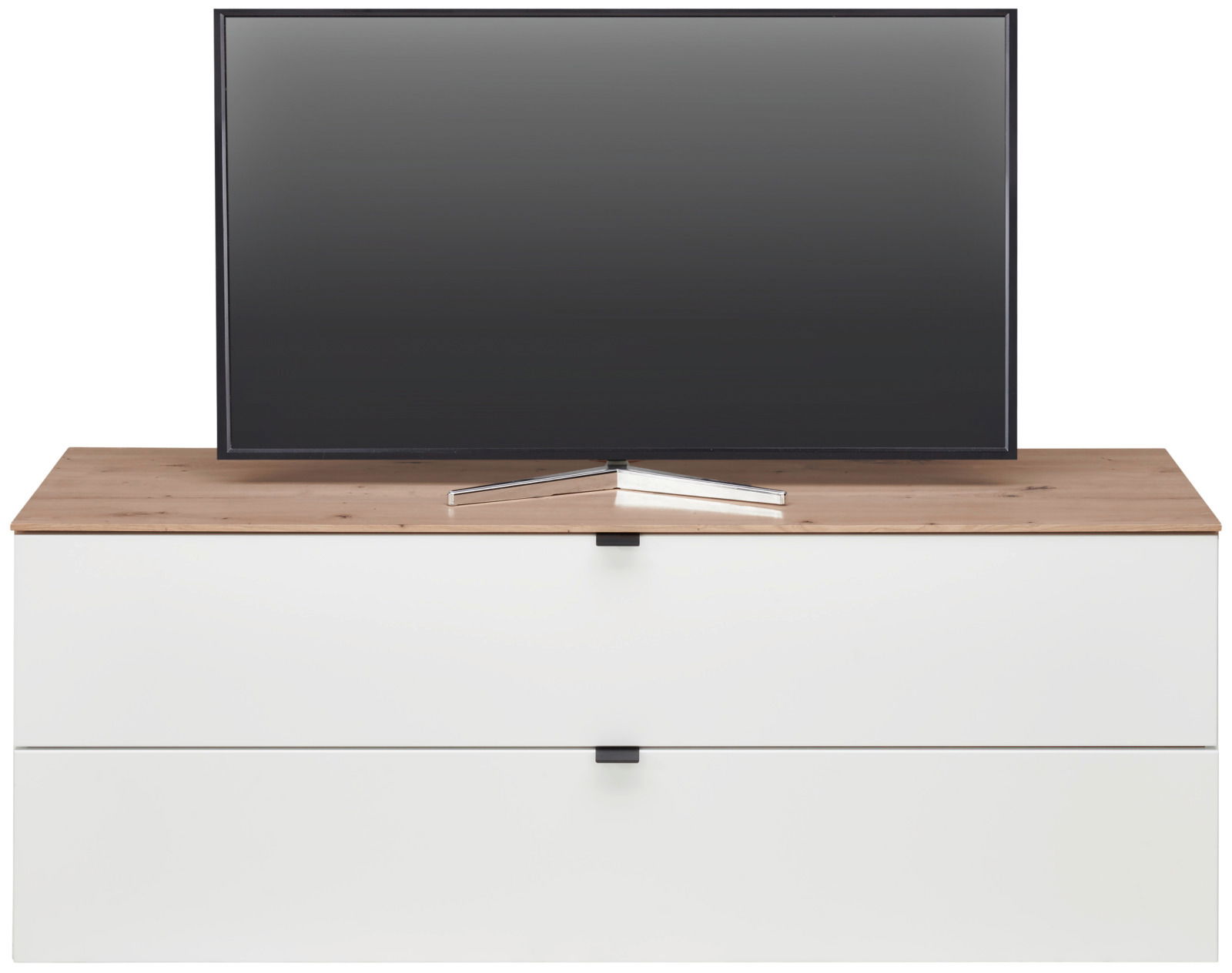 TV-Lowboard mit Holzoberfläche und zwei weißen Schubladen, frontal betrachtet