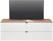TV-Lowboard mit Holzoberfläche und zwei weißen Schubladen, frontal betrachtet