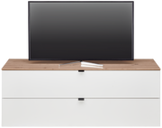TV-Lowboard mit Holzoberfläche und zwei weißen Schubladen, frontal betrachtet