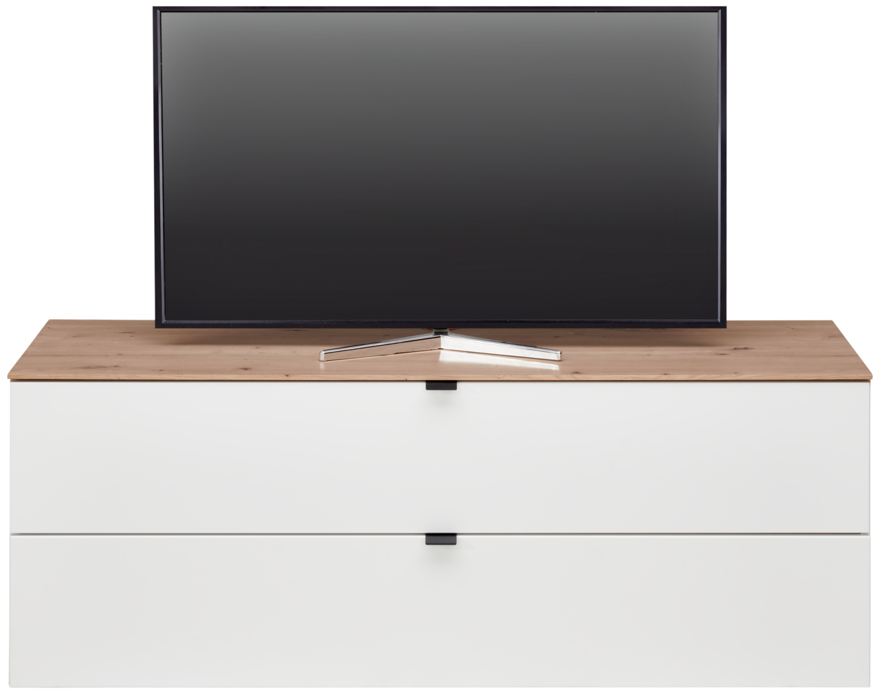 TV-Lowboard mit Holzoberfläche und zwei weißen Schubladen, frontal betrachtet