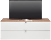 TV-lowboard met houten afwerking en twee witte lades, gezien vanaf de voorkant