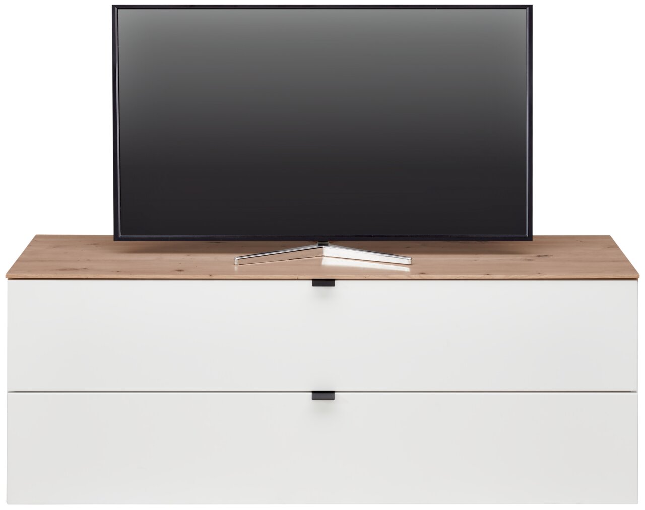 TV-lowboard met houten afwerking en twee witte lades, gezien vanaf de voorkant