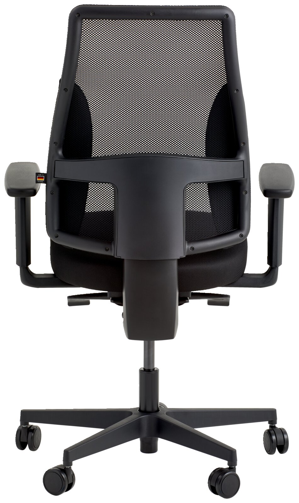 Rückansicht eines modernen Drehstuhls mit Netzrückenlehne und verstellbaren Armlehnen.