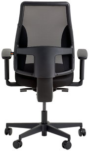 Rückansicht eines modernen Drehstuhls mit Netzrückenlehne und verstellbaren Armlehnen.