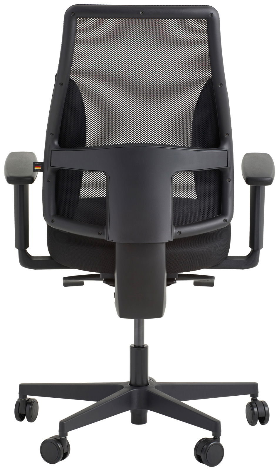 Rückansicht eines modernen Drehstuhls mit Netzrückenlehne und verstellbaren Armlehnen.