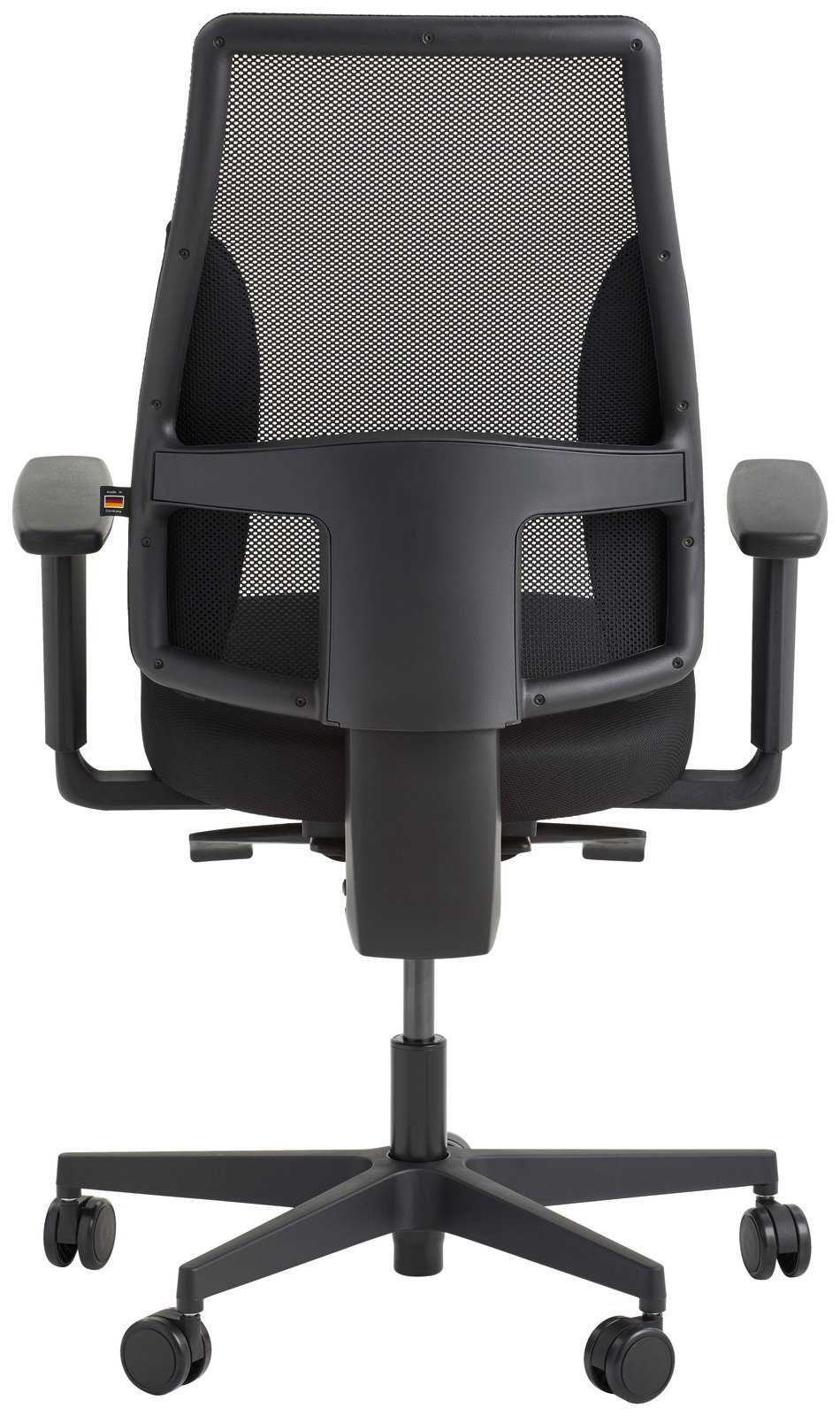 Rückansicht eines modernen Drehstuhls mit Netzrückenlehne und verstellbaren Armlehnen.