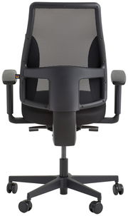 Rückansicht eines modernen Drehstuhls mit Netzrückenlehne und verstellbaren Armlehnen.