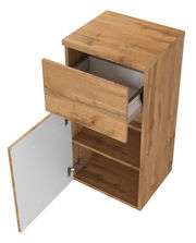 Holz-Unterschrank mit offener Schublade und Tür, Perspektive von oben