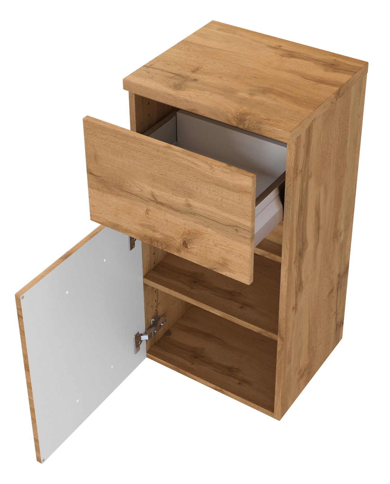 Holz-Unterschrank mit offener Schublade und Tür, Perspektive von oben