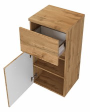 Holz-Unterschrank mit offener Schublade und Tür, Perspektive von oben