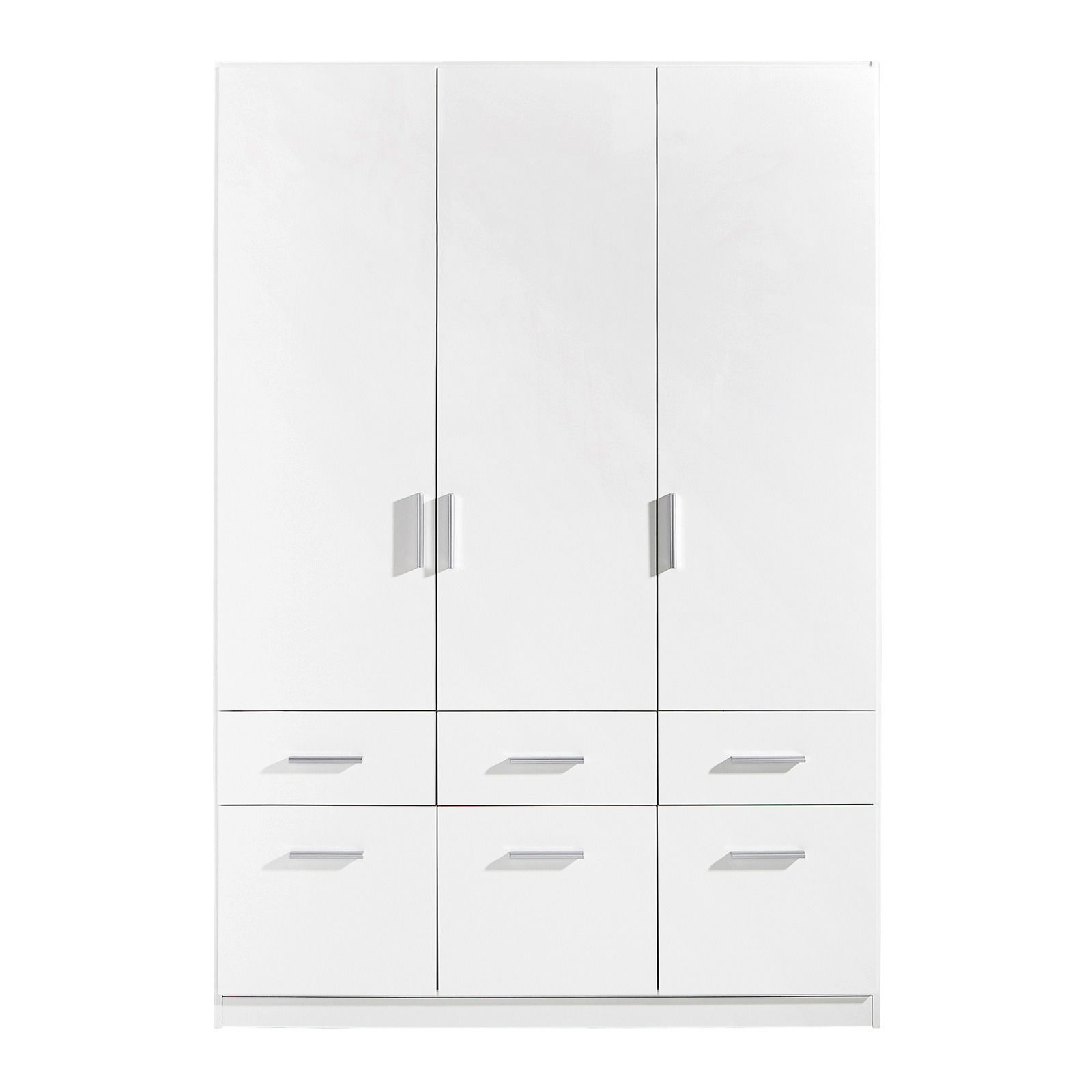 Drehtürenschrank 3-türig in Weiß mit sechs Schubladen, frontale Ansicht