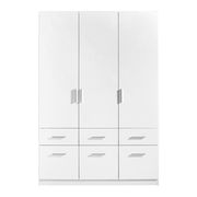 Drehtürenschrank 3-türig in Weiß mit sechs Schubladen, frontale Ansicht