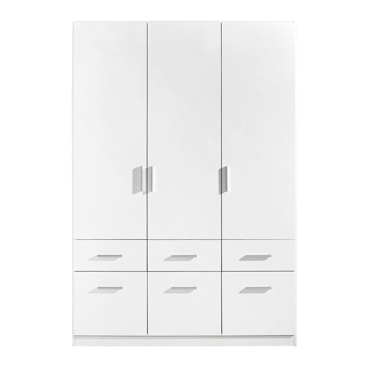 Drehtürenschrank 3-türig in Weiß mit sechs Schubladen, frontale Ansicht