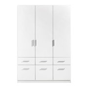 Drehtürenschrank 3-türig in Weiß mit sechs Schubladen, frontale Ansicht