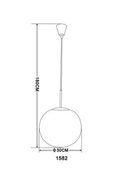 Technische Zeichnung einer Hängeleuchte mit kugelförmigem Lampenschirm, Durchmesser 30 cm, Gesamthöhe 180 cm, Seitenansicht.
