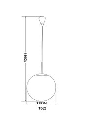 Technische Zeichnung einer Hängeleuchte mit kugelförmigem Lampenschirm, Durchmesser 30 cm, Gesamthöhe 180 cm, Seitenansicht.