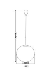 Technische Zeichnung einer Hängeleuchte mit kugelförmigem Lampenschirm, Durchmesser 30 cm, Gesamthöhe 180 cm, Seitenansicht.