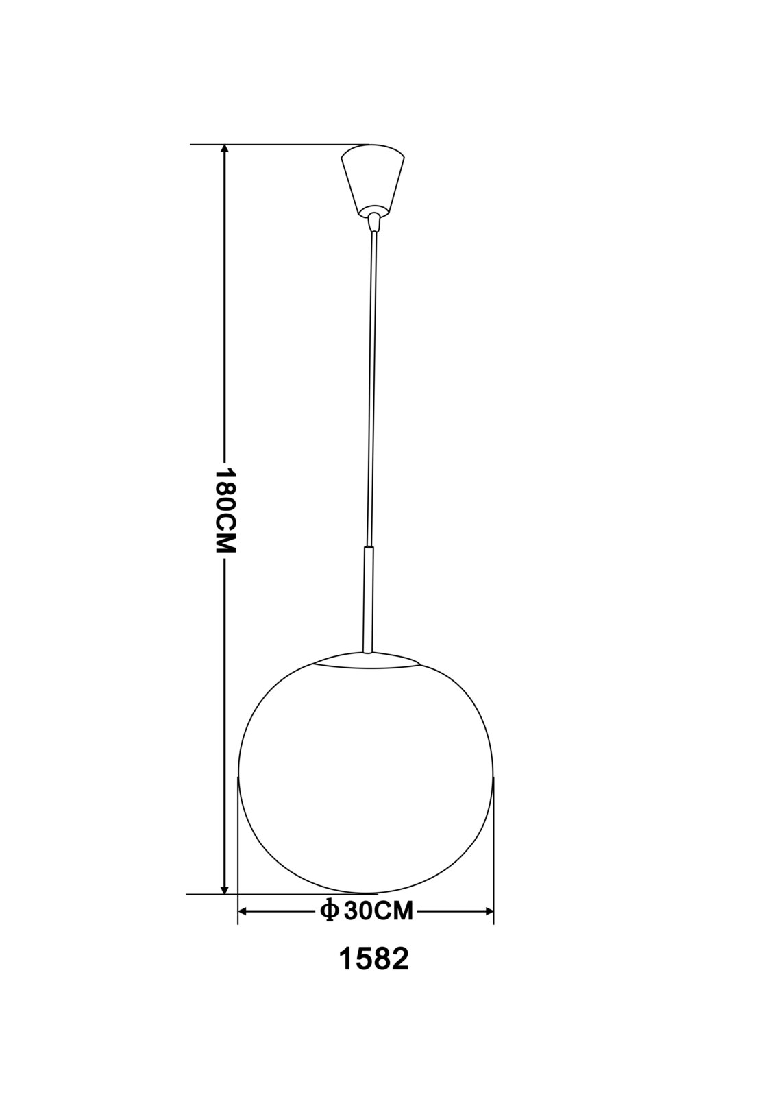 Technische Zeichnung einer Hängeleuchte mit kugelförmigem Lampenschirm, Durchmesser 30 cm, Gesamthöhe 180 cm, Seitenansicht.