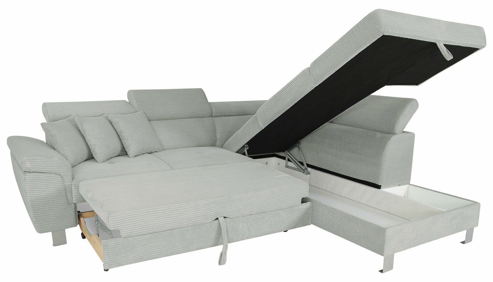 Graue Rundecke mit Stauraum und verstellbaren Rückenlehnen, seitliche Perspektive