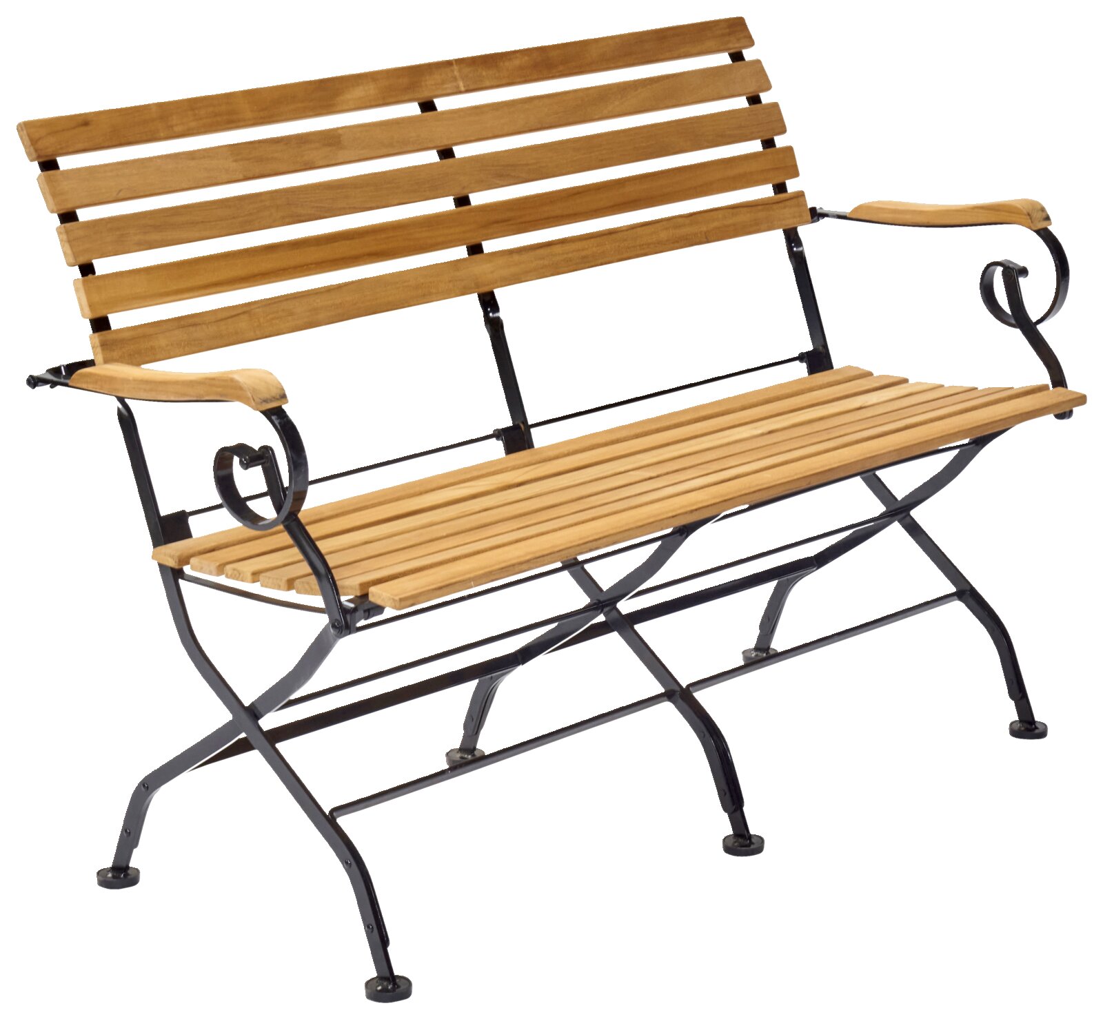 Klappbare Gartenbank aus Holz und Metall, seitliche Perspektive