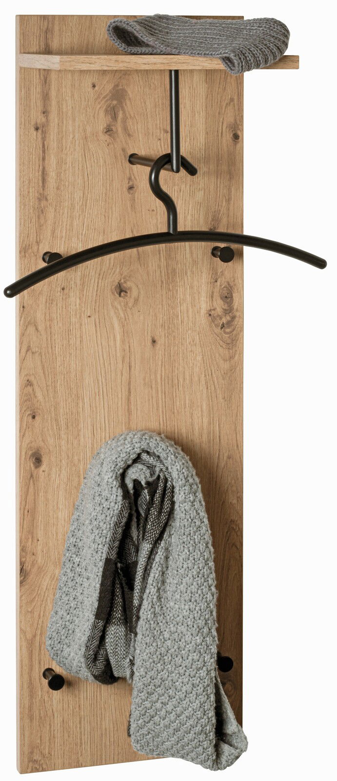 Wandgarderobe aus Holz mit Haken und Ablage, frontal fotografiert