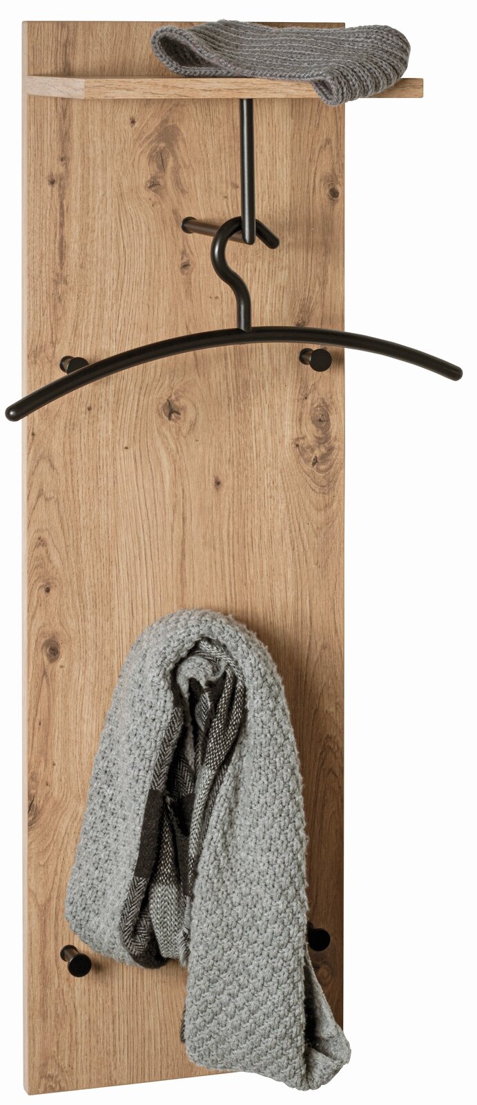 Wandgarderobe aus Holz mit Haken und Ablage, frontal fotografiert