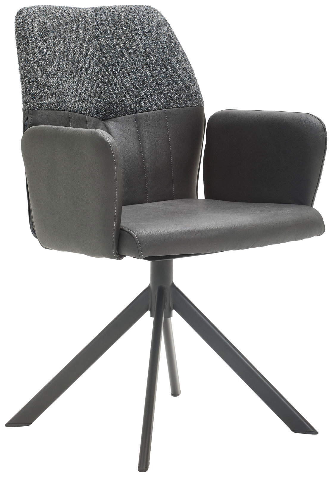 Moderner Armlehnstuhl mit grauem Stoffbezug und schwarzem Metallgestell, seitliche Perspektive