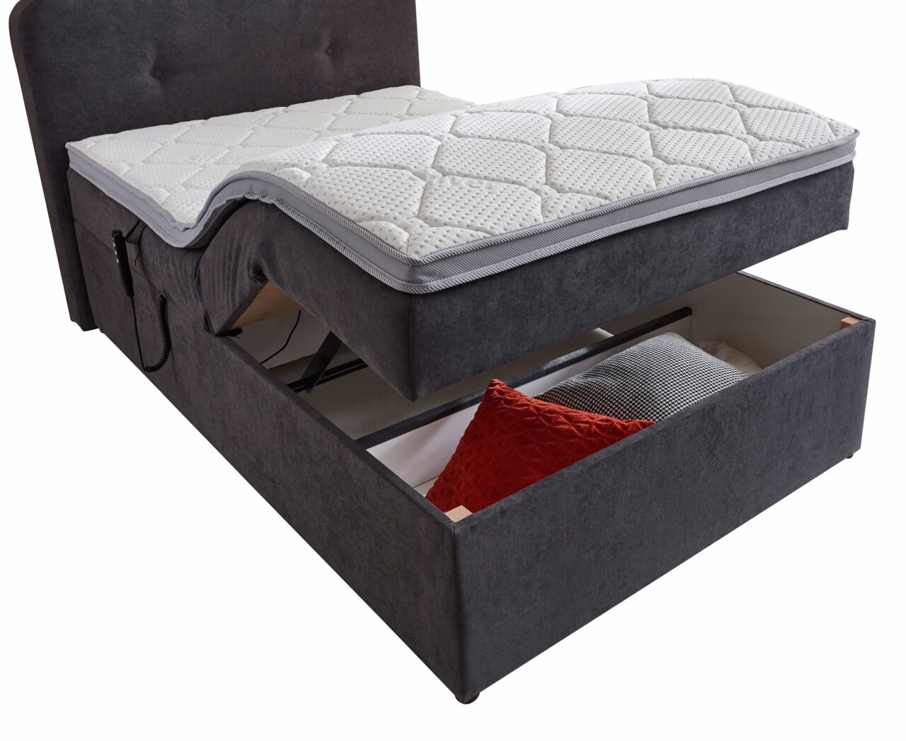 Boxbett der Serie ATHEN mit Motor, seitliche Perspektive, geöffnet mit sichtbarem Stauraum und Kissen.