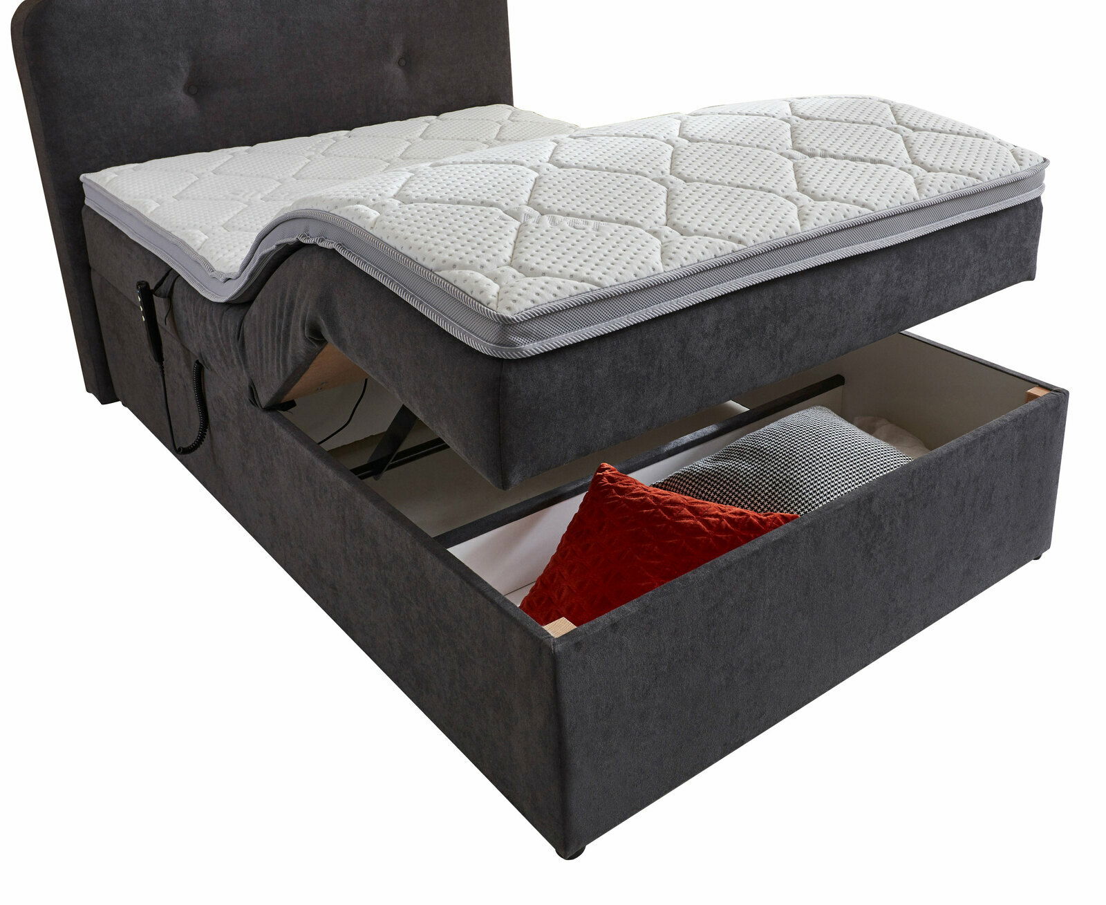 Boxbett der Serie ATHEN mit Motor, seitliche Perspektive, geöffnet mit sichtbarem Stauraum und Kissen.