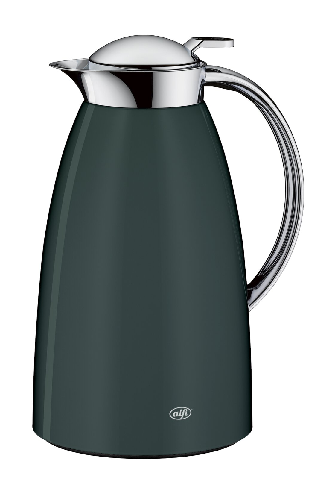 Dunkelgrüne Isolierkanne/thermische Kaffeekanne mit verchromtem Deckel und Griff, seitliche Ansicht leicht von vorne, freigestellt auf transparentem Hintergrund