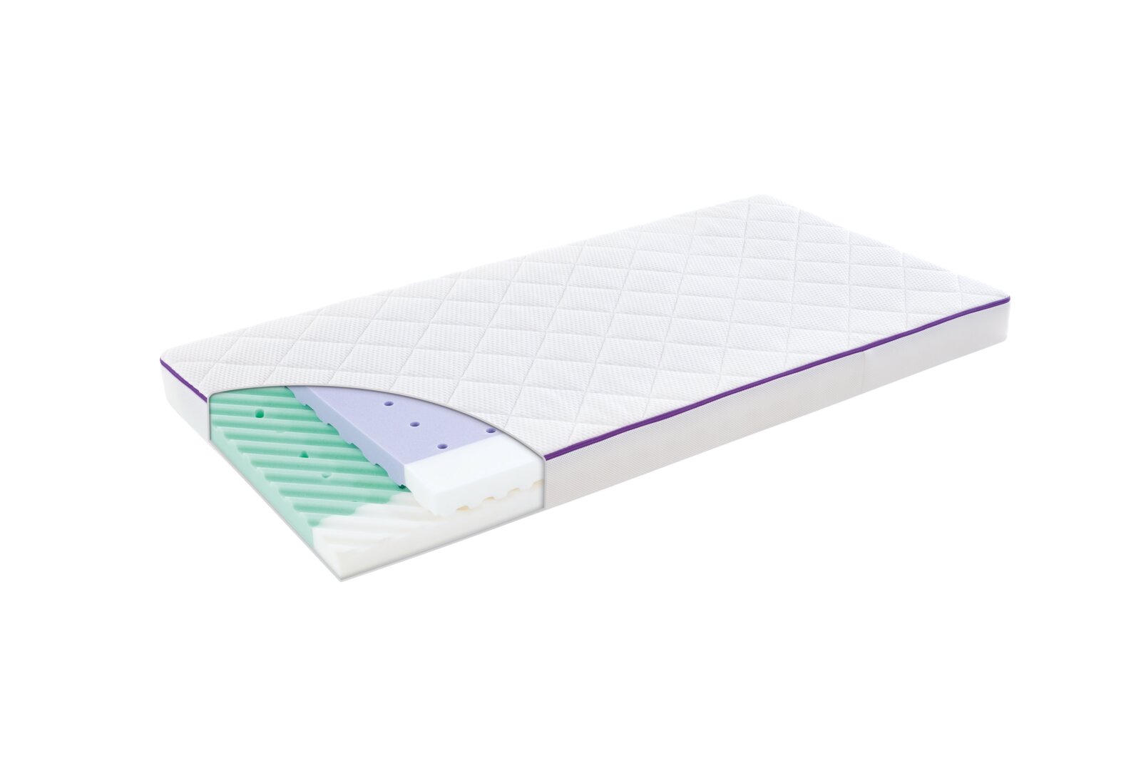 Wit matras met doorgestikte tijk en paarse bies, getoond in schuin bovenaanzicht met opengewerkte hoek die de meerlaagse schuimkern laat zien.