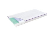 Wit matras met doorgestikte tijk en paarse bies, getoond in schuin bovenaanzicht met opengewerkte hoek die de meerlaagse schuimkern laat zien.