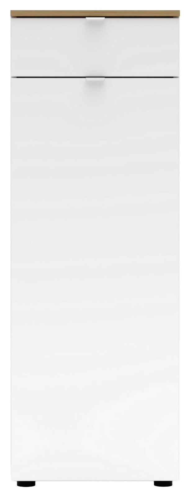 Moderner weißer Büroschrank mit zwei Schubladen, frontal abgebildet.