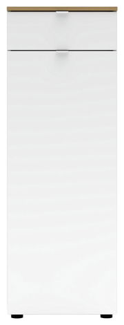 Moderner weißer Büroschrank mit zwei Schubladen, frontal abgebildet.