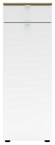 Moderner weißer Büroschrank mit zwei Schubladen, frontal abgebildet.