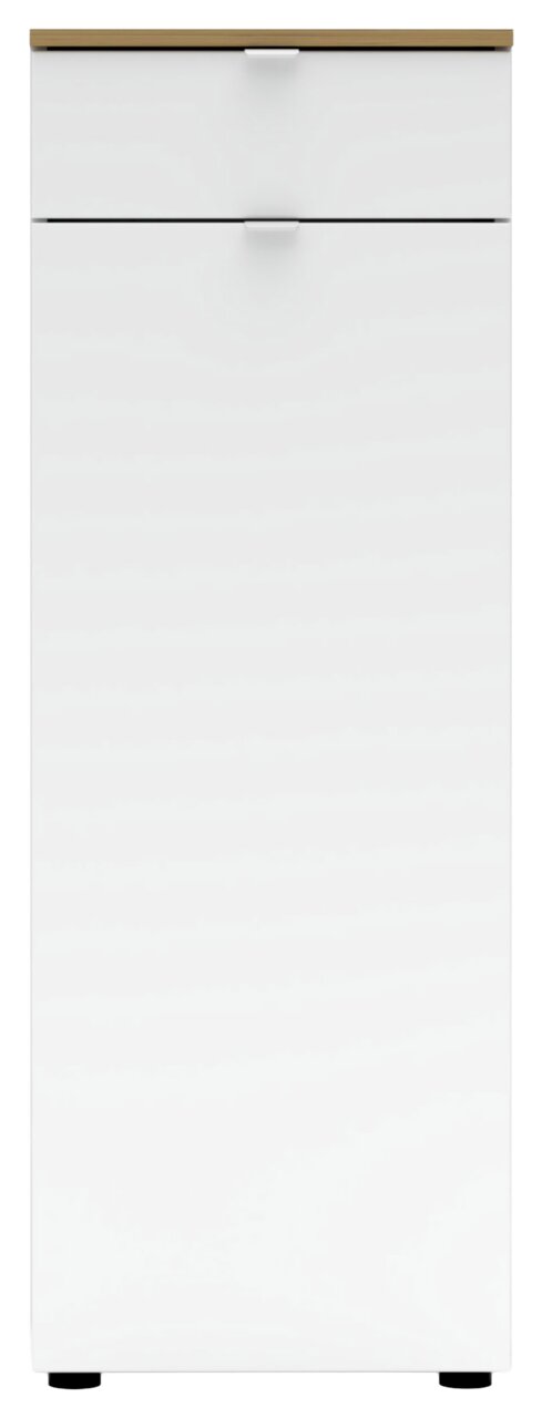 Moderner weißer Büroschrank mit zwei Schubladen, frontal abgebildet.