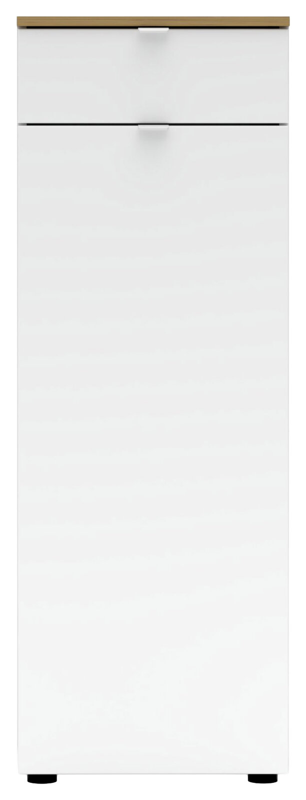Moderner weißer Büroschrank mit zwei Schubladen, frontal abgebildet.