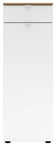 Moderner weißer Büroschrank mit zwei Schubladen, frontal abgebildet.