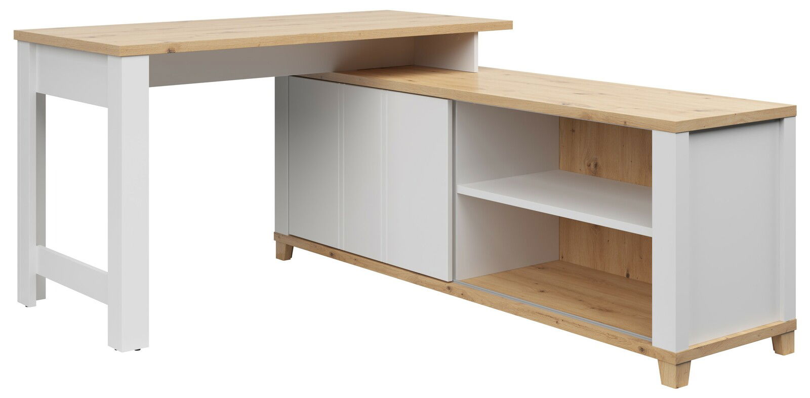 Moderner Schreibtischanbau in Holzoptik mit weißem Korpus, seitliche Perspektive