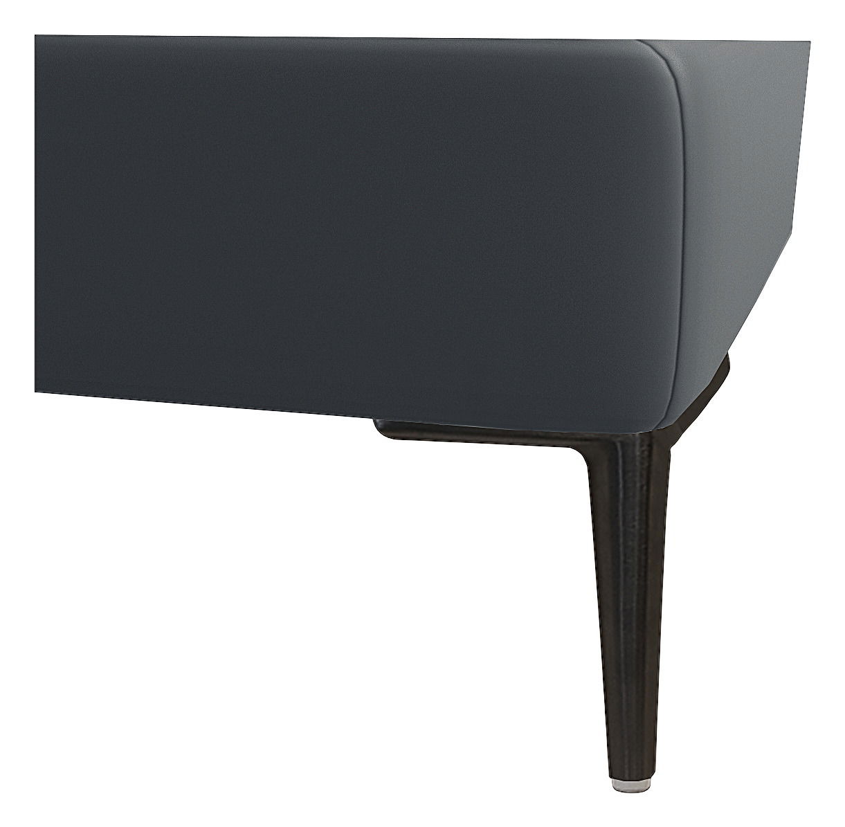 Nahaufnahme eines Boxspringbettbeins aus dunklem Holz mit grauem Stoffbezug, seitliche Perspektive