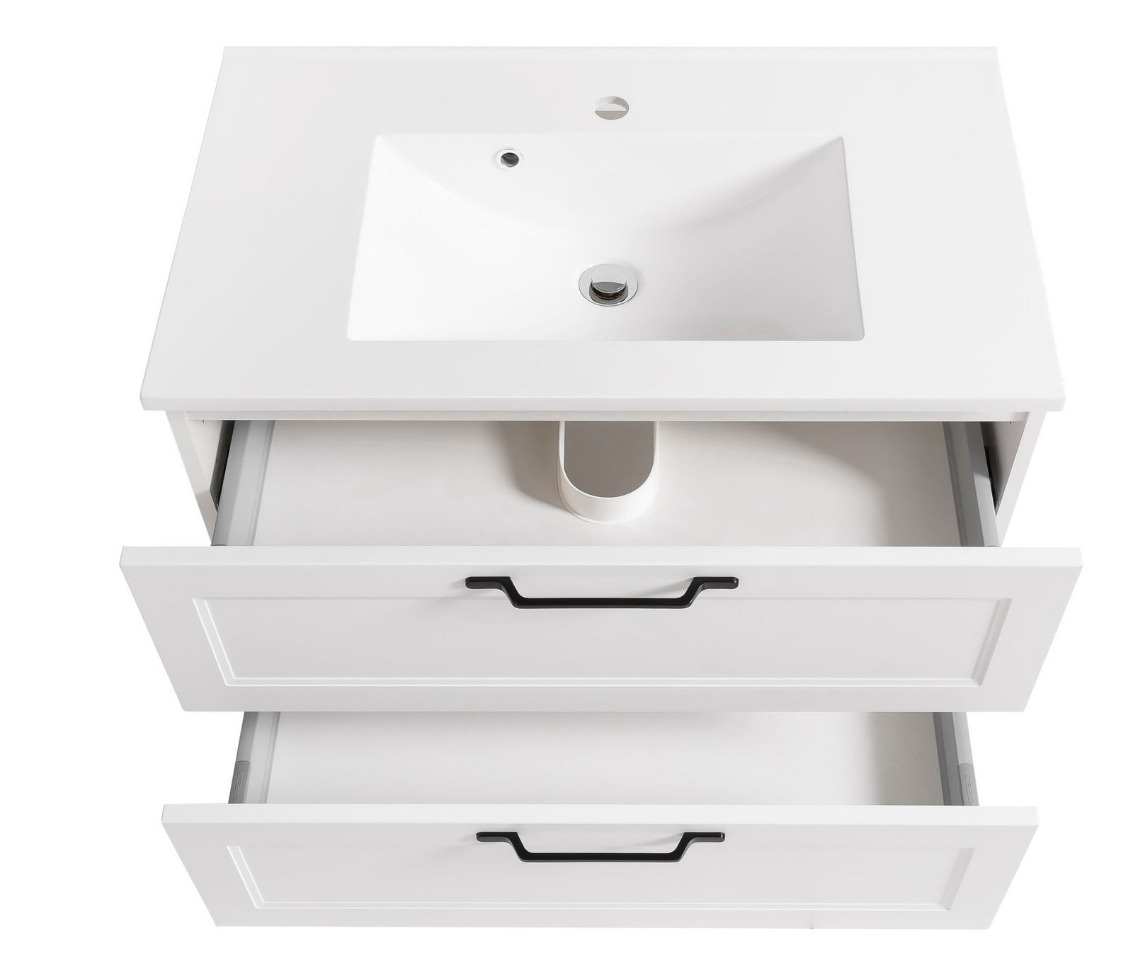 Weißes Waschtisch-Set mit zwei offenen Schubladen, Ansicht von oben