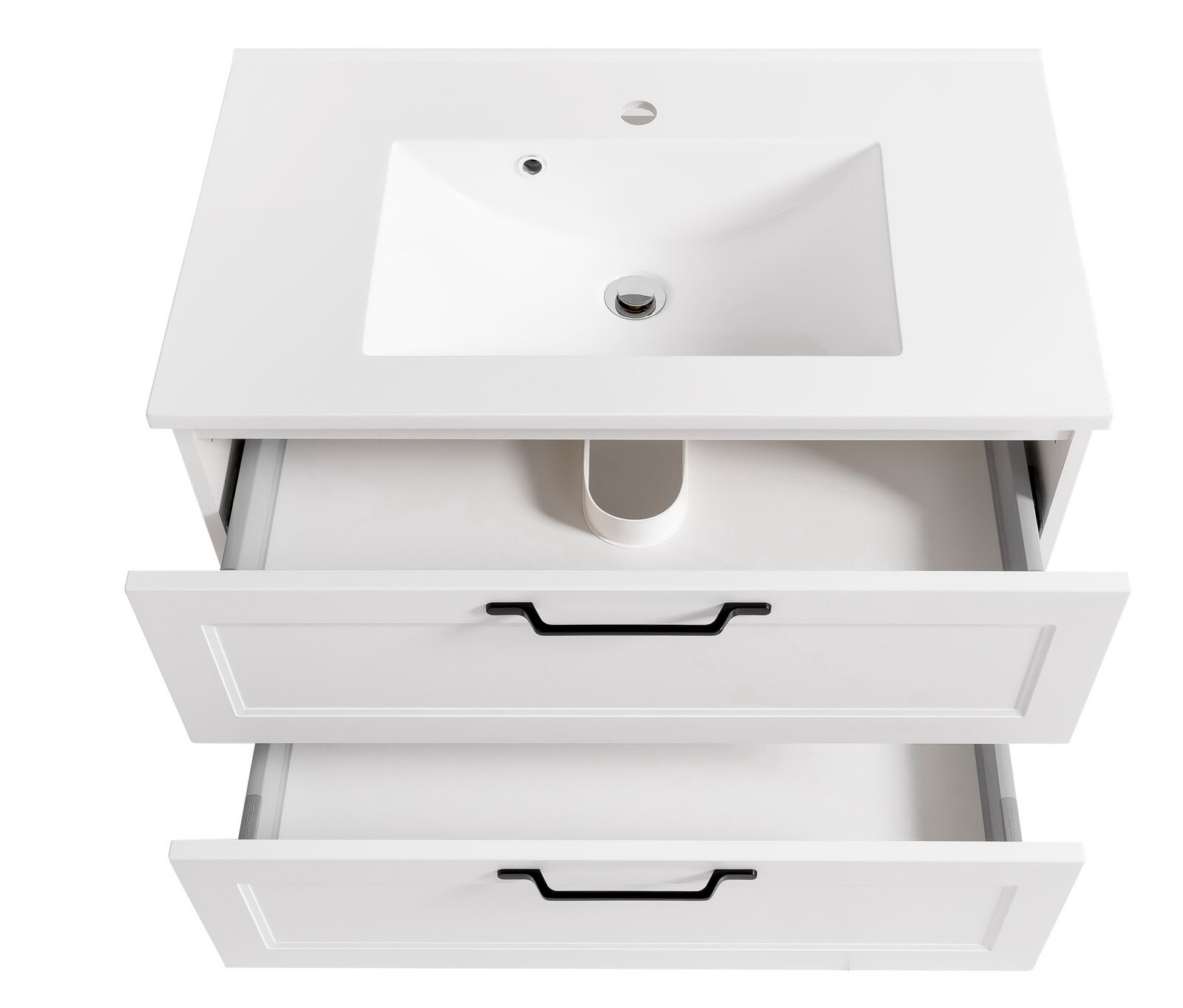 Weißes Waschtisch-Set mit zwei offenen Schubladen, Ansicht von oben